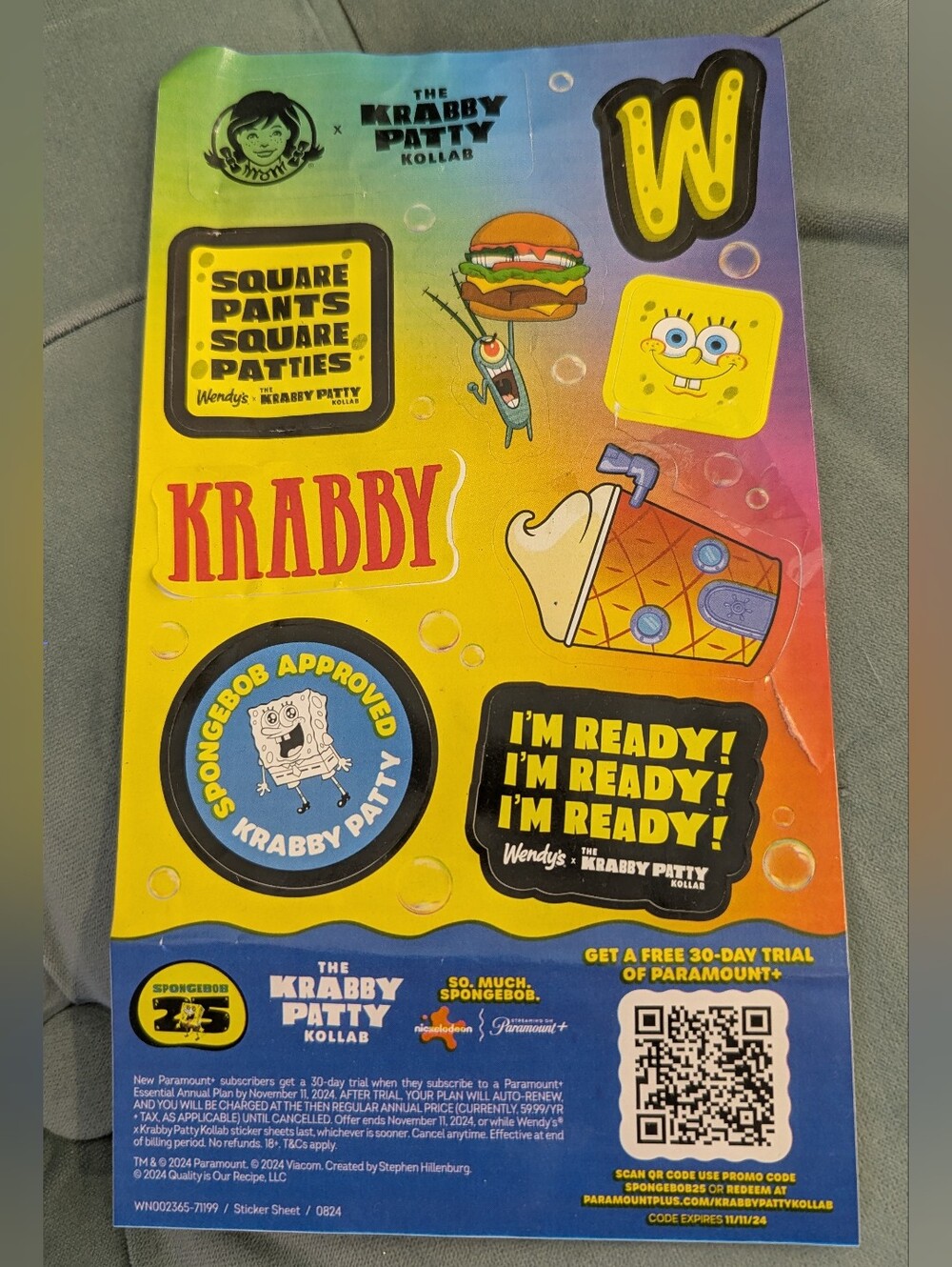 Wendy's X SpongeBob Krabby Patty Meal Collectible Sticker Set